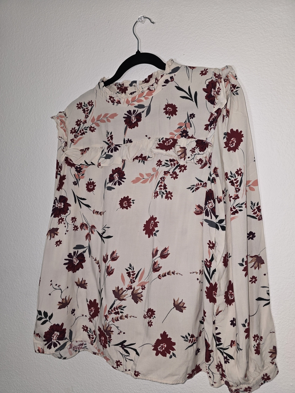 LOFT Cream Blouse with Burgundy Floral Print and Ruffle Yoke
